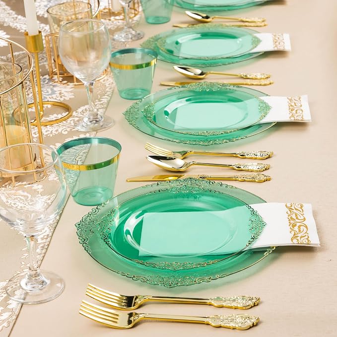 Bestluck 175PCS Clear Green Plastic Plates for 25 Guests, Disposable Plates with Gold Trim include 50 Dinner Plates, 75 Gold Silverware, 25 Cups, 25 Napkins for Party, Wedding and Graduation
