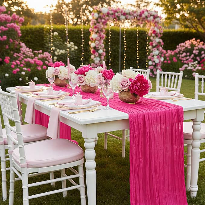 Hot Pink Cheesecloth Table Runner 120 Inch 10FT Cheese Cloth Fabric Runners 1 Pack for Baby Shower, Valentine's Day, Wedding Decoration