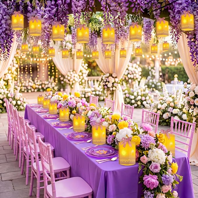 Beeveer 20 Pack Princess Sun Hanging Lanterns DIY Set Purple Princess Hanging Paper Lanterns Purple Sun Cutout Square Round Decorations for Birthday Party, Light String Not Included(Classic Color)