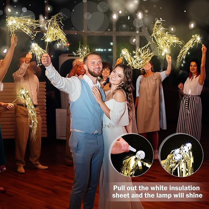 Simgoing 100 Pcs Lighted Wedding Wands LED Tinsel Wands Light up Streamers Sparklers for Wedding Send Off and Exits Birthday Party Props Favors(Gold)