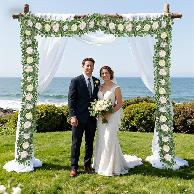Livole 2Pcs 6 FT Artificial Flower Garland Fake White Rose Peony Floral Garland with Eucalyptus Flower Hanging Vine for Wedding Arch Table Centerpieces Backdrop Party Home Decorations
