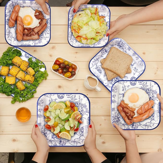 Umigy 100 Pcs Paper Plates Flower Dinner 9'' Floral Disposable Paper Plates 7'' Square Dessert Set for Dinner Birthday Wedding Baby Shower Party Tableware(Blue,Flower)