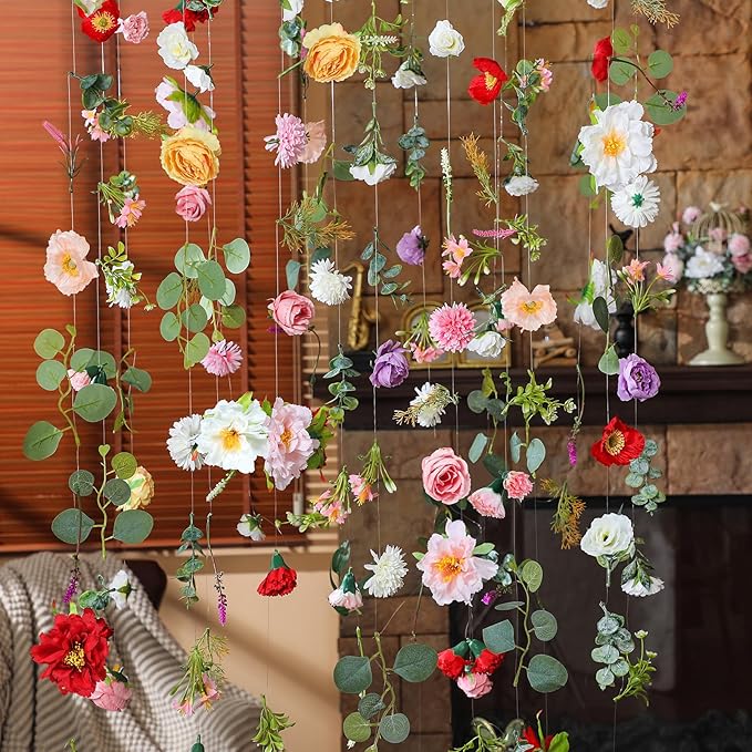 XunYee 6 Pcs 35.4 ft Flower Garlands Artificial Wildflower Vines Floral Hanging Backdrop Fake Flower Garlands Faux Silk Wildflower Vine for Wedding Bridal Shower Home Garden Wall Arch Decor(Floral)