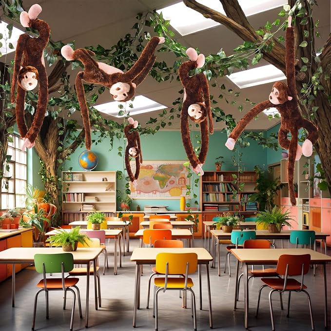 6 Pcs Hanging Monkey Stuffed Animal Jungle Classroom Party Decoration with 12 Pcs 7.22ft Artificial Vine Plush Hook and Loop Fastener for Kids Rainforest Safari Birthday VBS(Dark Brown,21 Inch)