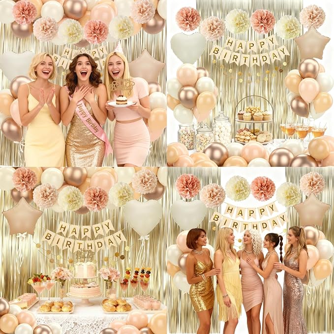 Blush Beige Birthday Decorations Nude Gold Balloons Happy Birthday Banner Cake Topper Fringe Curtain Paper Pom Poms Blush White Sand Champagne Heart Star Balloon Neutral Boho Party Decor Girls Women