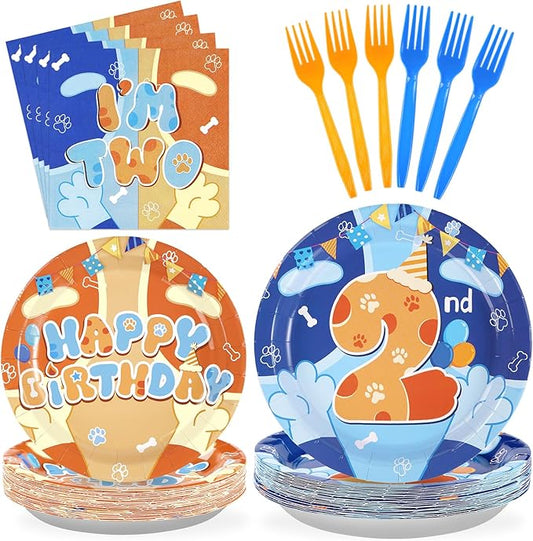 Grencian 96PCS Blue Cartoon Dog 2nd Birthday Decorations I'm Two Blue Cute Dog Party Plates Disposable Cartoon Dogs Tableware for Boys Girls Cute Dogs 2nd Birthday Party Decorations, Serves 24