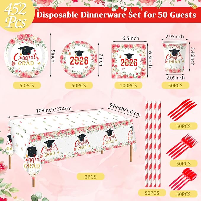 Funnymoom 452 Pcs 2026 Red Floral Graduation Decoration for 50, Class of 2026 Red White Gold Grad Paper Plates Napkins Cups Tablecloth Cutlery Straws for College School Congrats Grad Party Supplies