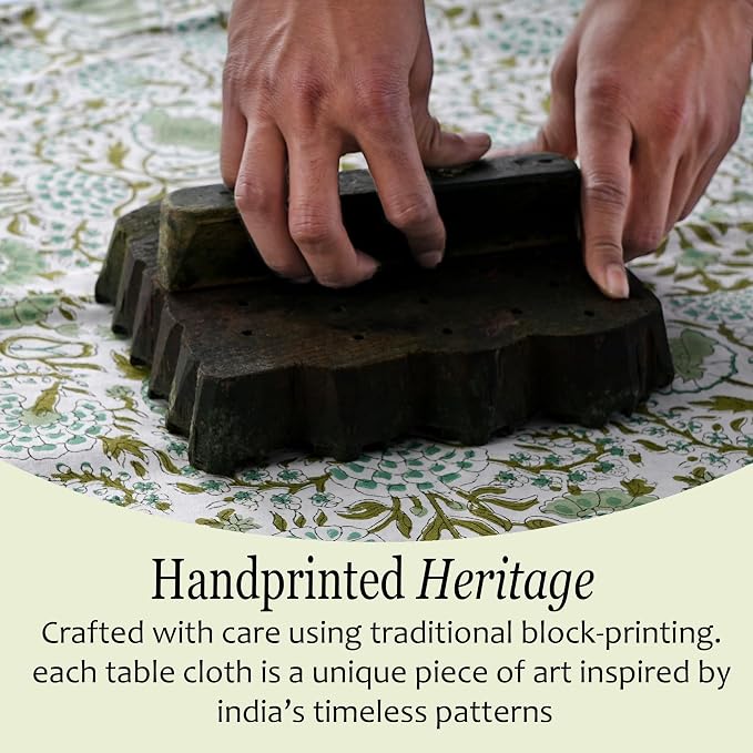 CPC Tablecloth 100% Cotton 60x60 Inch Indian Block Print Square Table Cover, Table Cloth for Weddings, Spring/Summer, Barbeque - Agate Green