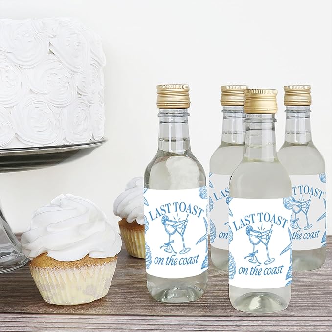 Big Dot of Happiness Last Toast on the Coast Mini Wine and Champagne Bottle Label Stickers, Beach Bachelorette Party Favor Gift for Coastal Bridal Shower - Set of 16