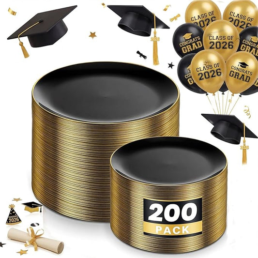 KIRE 200Pcs Black Plastic Plates - Black and Gold Plates Disposable for Party - Include 100 for Dinner and 100 for Dessert for Birthday/Wedding/Graduation
