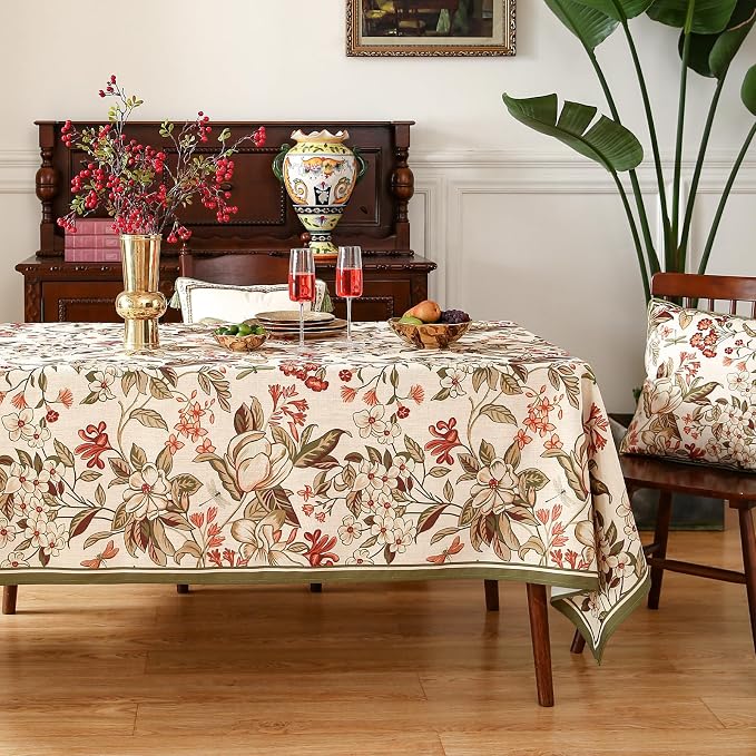 ISAENNE Designer Vintage Linen Rectangular Tablecloth,79"x55"-Grace A | French Elegant Printed Table Cloth for Rectangle Table,Floral Pattern,Decor,Heavyweight,Dining Room,Kitchen,Thanksgiving
