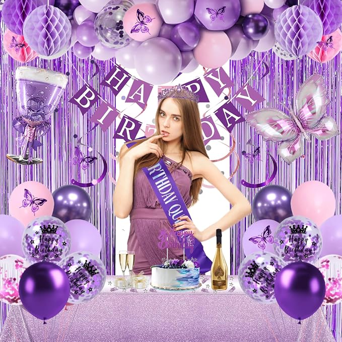 Purple Birthday Decorations, Purple Pink Party Decorations with Happy Birthday Banner, Balloons, Bday Sash, Crown, Butterfly, Tablecloth, Fringe Curtain, Honeycomb Ball for Women Girls Party Supplies