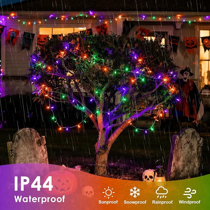 QITONG 2 Pack Battery Operated Halloween Lights, Each 33ft 100 LED Purple Orange and Green String Lights Outdoor Waterproof with Remote, Clear Wire Christmas Twinkle Lights with 8 Modes Indoor