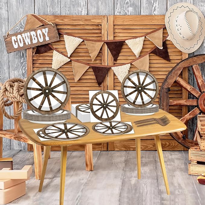 96Pcs Western Cowboy Party Paper Plates and Napkins for Western Party Supplies Wooden Wagon Wheels Themed Paper Dessert Plates Tableware Set for Kids Boys 24 Guests Birthday Party Decoration