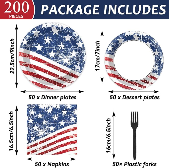 50 Guests 4th of July Paper Plates Napkins Forks American Flag Tableware Set Patriotic Birthday Party Supplies Independence Day Dinnerware Favors 250th Anniversary Party Decorations, 200PCS