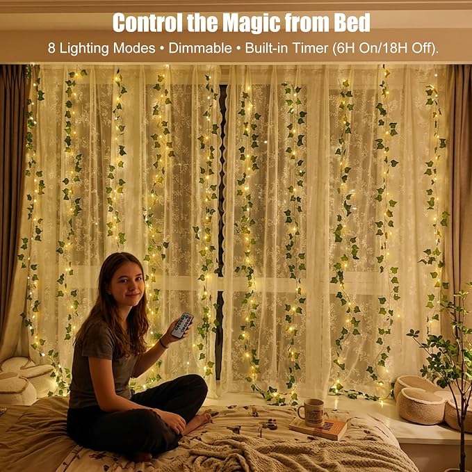 Bexdir 200 LED Vine Lights for Bedroom Decoration, 6.6x6.6ft Pre-Assembled Hanging Fake Vines with Fairy Lights Plug in, Aesthetic Artificial Ivy Curtain Lights for Room Wall Decor, Remote Included