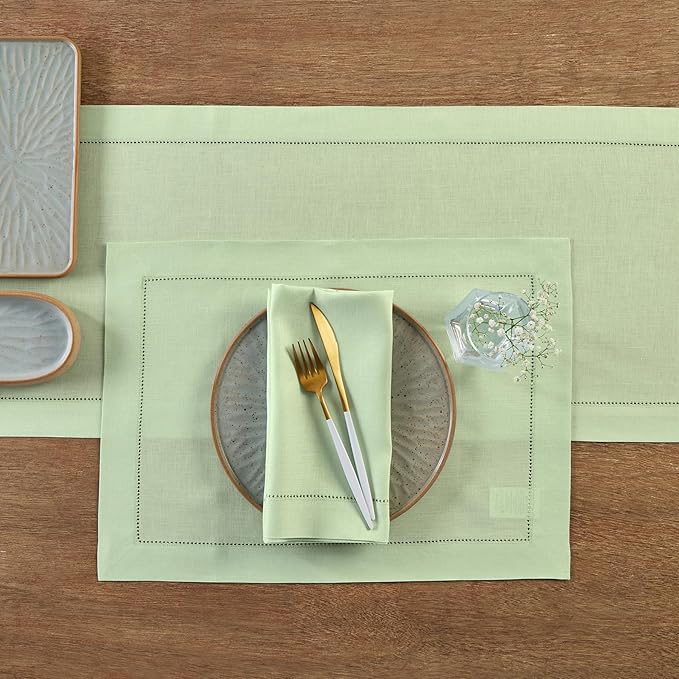 Solino Home Linen Table Runner 90 Inches Long - 100% Pure Linen Light Green Table Runner 14 x 90 Inch for Spring, Summer, Mothers Day - Classic Hemstitch