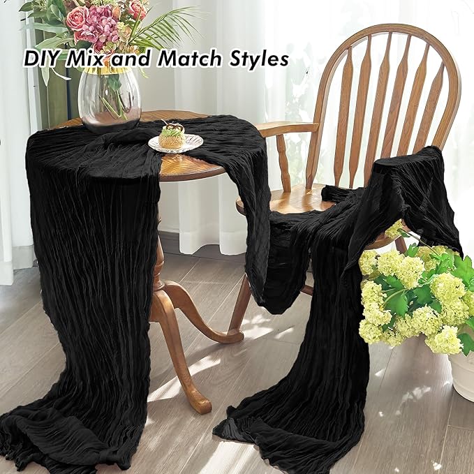 IVAPUPU 6 Pcs Cheesecloth Table Runner - 10ft Black Spring Boho Gauze Black Cheese Cloth Table Runners for Indoor Baby Shower Decorations Wedding Party Garden Decor