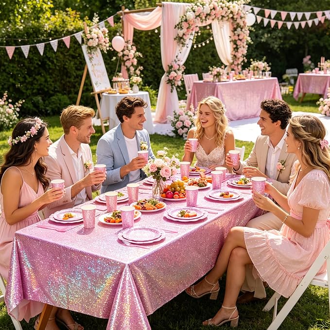 Light Pink Iridescent Plates and Napkins Set, Disposable Holographic Plates Cups Napkins Forks Tablecloth Party Supplies for Birthday Baby Shower Bridal Shower Party Decorations, Serves 24 Guests