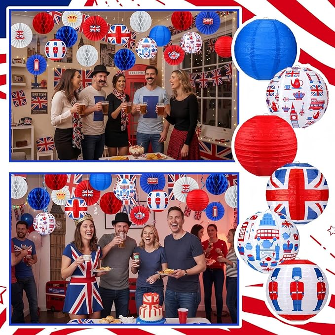 Retisee 18 Pcs British Party Decorations Britain UK England Flag Hanging Paper Lanterns Red White Blue Honeycomb Fans Honeycomb Ball for Hanging Coronation Union Jack Party Decoration