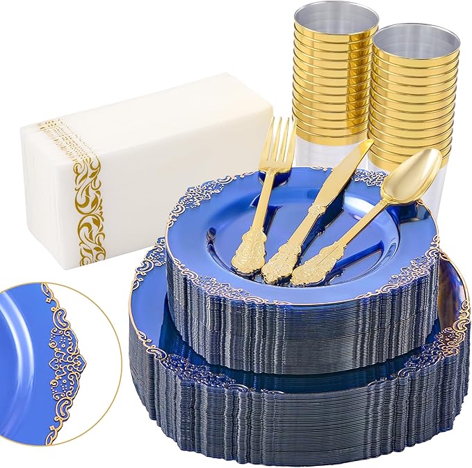 Fijinhom 350pcs Blue Plastic Plates, Elegant Disposable Dinnerware Set, 125 Pieces, White and Gold, Plates, Cups, Cutlery and Napkins (Blue, 50 Guests)