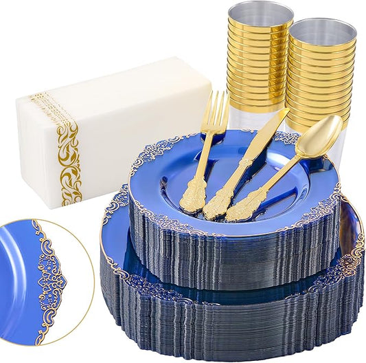 Fijinhom 350pcs Blue Plastic Plates, Elegant Disposable Dinnerware Set, 125 Pieces, White and Gold, Plates, Cups, Cutlery and Napkins (Blue, 50 Guests)