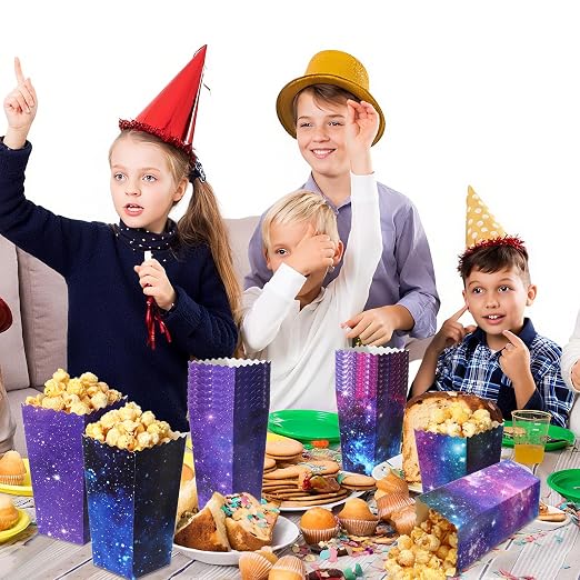 Honoson 48 Pcs Galaxy Popcorn Boxes 6 x 2.4 Inches Outer Space Popcorn Bucket Disposable Paper Food Trays Container Galaxy Space Birthday Decorations for Movie Night Baby Shower Party Supplies