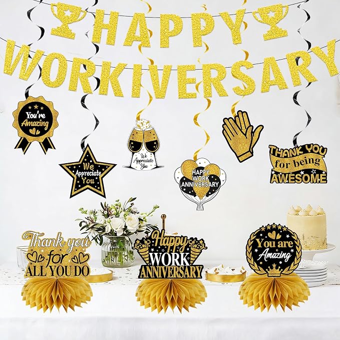 Zirtorei Happy Workiversary Decorations for Men Women Employee, 11pcs Black Gold Work Anniversary Banner Party Supplies, Workiversary Honeycomb Centerpieces Hanging Swirls Business Gift for Office