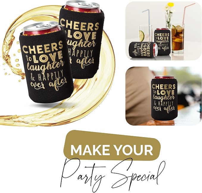 Wedding Can Cooler Decorations Set of 12 - Cheers to Love Laughter and Happily Ever After, Wedding Rehearsal Dinner Decorations - Bridal Showers, Engagement Party Favors for Guests and Supplies