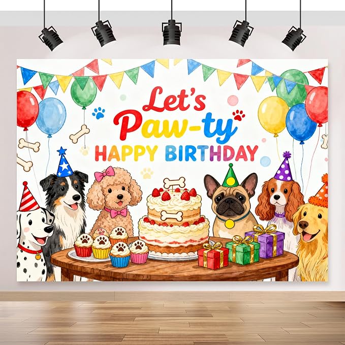 Let's Paw-ty Happy Birthday Themed Backdrops Puppy Dog Birthday Polyester Fabric Party Banner for Puppy Bday Party Photo Booth Birthday Party Decorations 71X44Inch