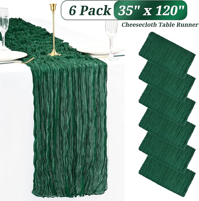 6 Pack Christmas Table Runner 10FT Dark Green Cheesecloth Table Runner Long Semi-Sheer Gauze Fabric Boho or Rustic Wedding Table Decor for Wedding Arch Draping Bridal Shower Baby Shower Holiday Party