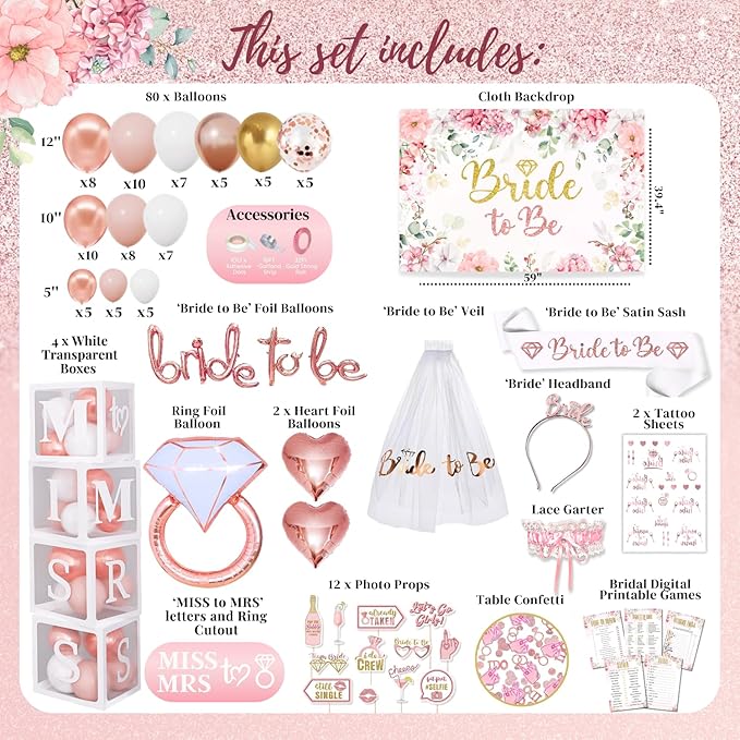 189 pc Premium Bridal Shower Party Decorations – Balloons, Bride to Be Sash, Veil, Headband, Backdrop, Props – Pink Bachelorette Party Decorations for Engagement, Rose Gold Bridal Shower Decorations