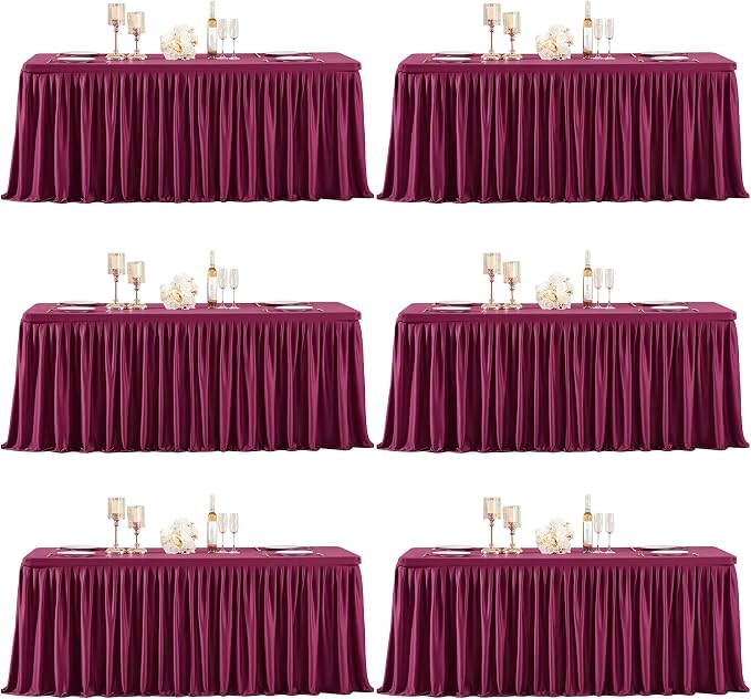 6 Packs Burgundy Polyester Table Clothes for 8 Foot Rectangle Tables, Wrinkle Free Fitted Table Cover 8ft Stretch Tablecloths with Skirt for Parties Weddings Birthday Banquet Baby Shower