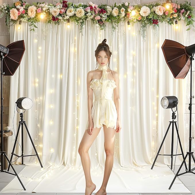 Cream White Backdrop Curtains with Lights for Wedding Parties,10x10FT Wrinkle Free Photo Backdrop Curtains Fabric Drapes for Baby Shower Ceremony Photography Photoshoot Decorations-5ft x 10ft 2 Panels