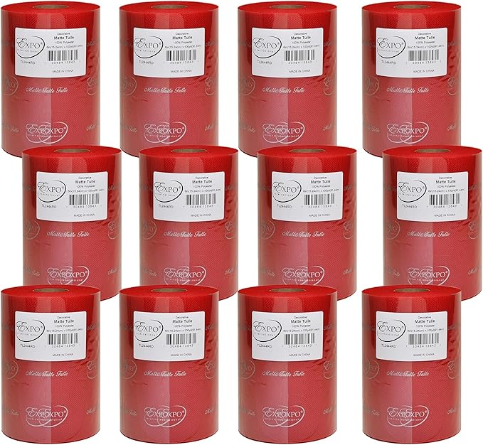 Expo International Decorative Matte Tulle, Roll/Spool of 6” X 100 Yards, Lightweight Polyester Tulle Fabric for Tutus, Costumes, and Party Decorations, Washable, Easy-to-Use, Pack of 12, Red