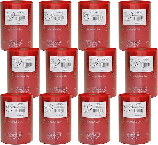 Expo International Decorative Matte Tulle, Roll/Spool of 6” X 100 Yards, Lightweight Polyester Tulle Fabric for Tutus, Costumes, and Party Decorations, Washable, Easy-to-Use, Pack of 12, Red