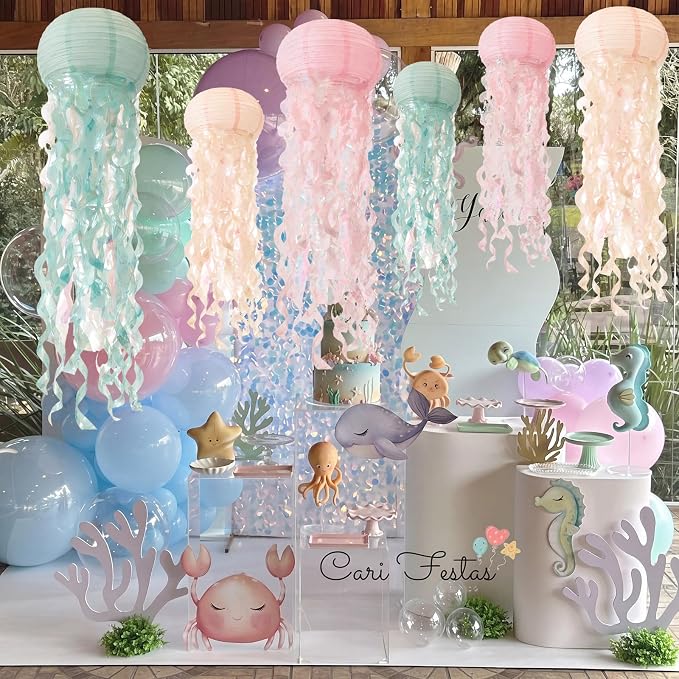 Junkin Mermaid Party Decorations Large Hanging Jellyfish Paper Lanterns 32'' Jellyfish Ornaments with Hooks Rope for Under The Sea Birthday Baby Shower Ocean Party Classroom Beach Room Decor