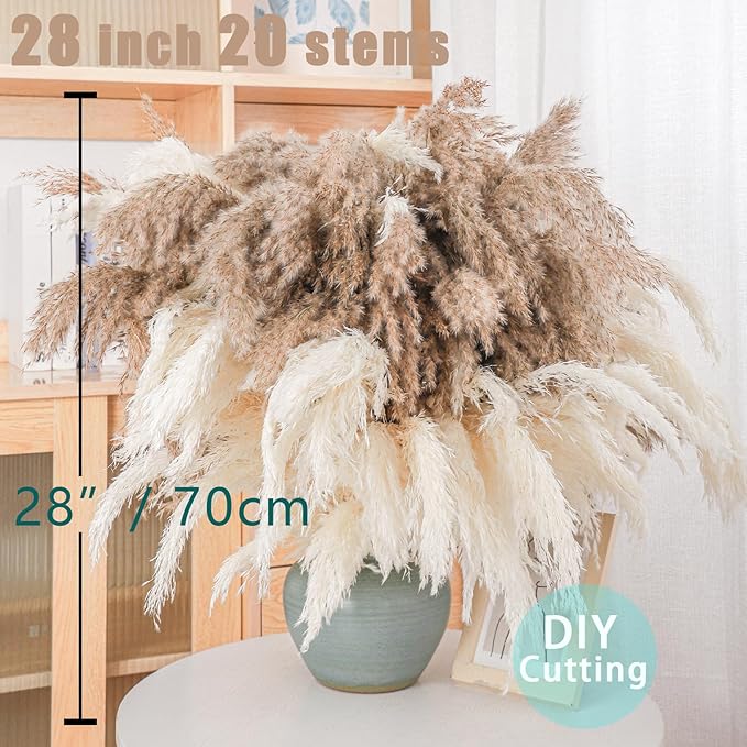 30 Stems 28 inch Boho Decor Tall - Dried Pampas Grass, Brown & White Pampas Grass Fluffy Large, Dry Flowers, Tall Pampas Bulk for Room Decor, Home Decor Floor,Wedding Decor