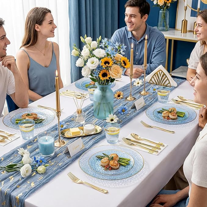 Rubtlamp 100Pcs Blue Gold Plastic Plates, Blue Disposable Plates With Gold Rim, Hammered Plastic Plates Include 50 Dessert Platos, 50 Dinner Platos for Party