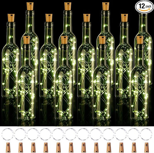 Rtteri 12 Sets Small Empty Wine Bottles with Cork Lights Centerpiece and 30 LED Battery Operated Cork Lights for Birthday Wedding Party Decoration(375 ml,Dark Green Bottle)