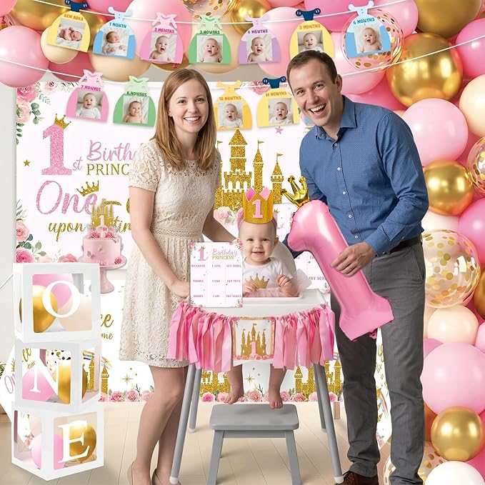 Princess 1st Birthday Decorations for Girls - One-ce Upon A Time First Birthday Baby Shower Decorations for Baby Girls with Birthday Hat Cake Topper Backdrop Tablecloth Banners Arch Balloon Box