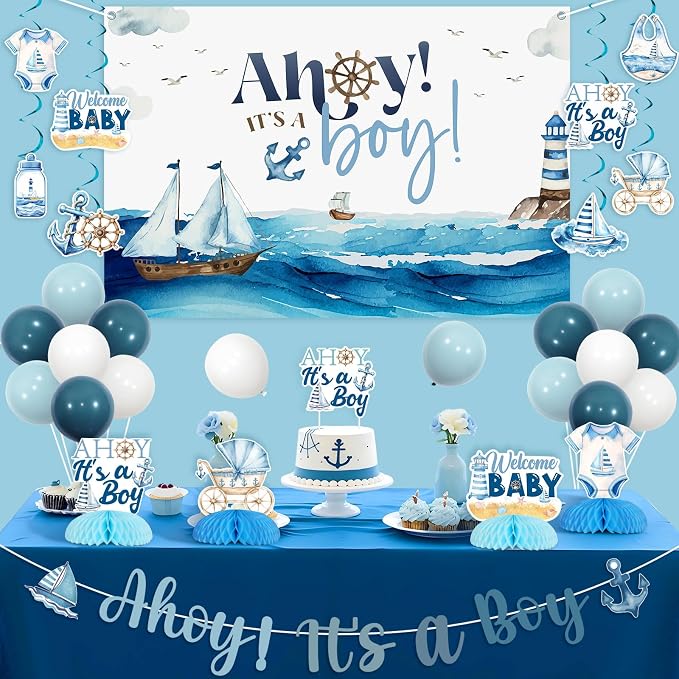 Nautical Baby Shower Decorations Nautical Ahoy It's A Boy Backdrop Banner Ahoy It's A Boy Baby Shower Centerpiece Hanging Swirl Ocean Sailing Sailor Ocean Sailboat Lighthouse Balloon Decor