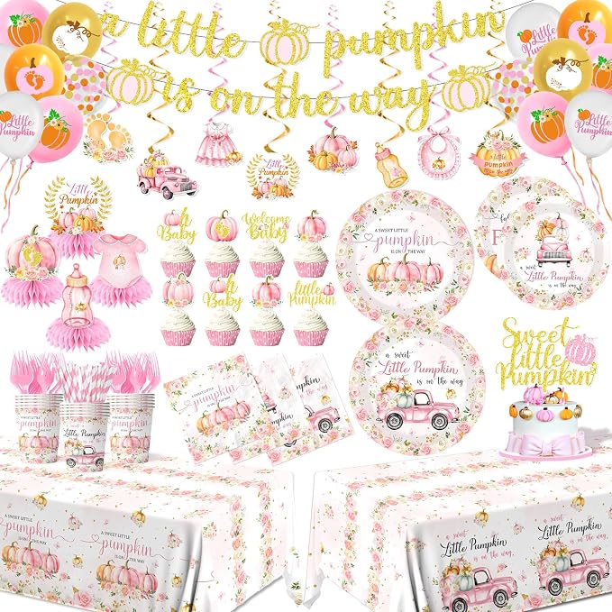 Little Pumpkin Baby Shower Decorations,198pcs A Little Pumpkin is On The Way Baby Shower Plate and Napkins Cups Tablecloth Cake Topper Honeycomb Balloon Fall baby shower Decorations for Girl ,Serve 24