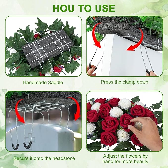 Artificial Cemetery Flower Headstone Flower Saddle 2 Chrysanthemum Rose Bouquets with Vase Memorial Flowers Grave Saddles for Headstone Outdoor Grave Tombstone Decor (Red White)