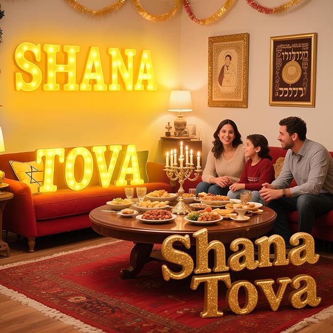 Aurelema 9 Pcs Shana Tova Large LED Letter Signs Rosh Hashanah Decor LED Lights Battery Powered Shana Tova Party Table Decorations for Party Rosh Hashanah Tabletop Decorations