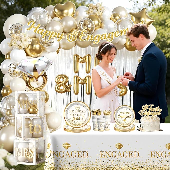 287Pcs Engagement Party Decorations, All-in-one Happy Engagement Decorations with 25 Serves Disposable Plates, 2 Pcs Waterproof Engaged Tablecloth Wedding Proposal Decorations Party Decor
