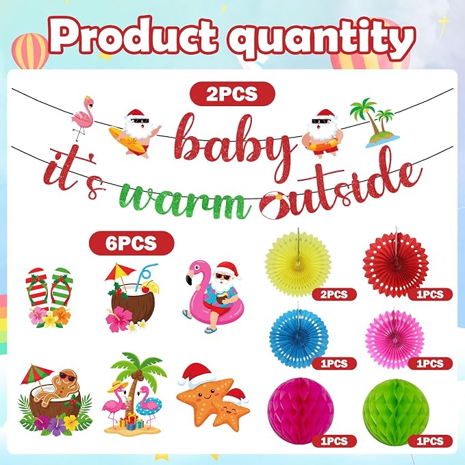 Rakuto July in Christmas Party Decorations, 18PCS Summer Santa in July Beach Banners Hanging with Swirls Decoration, Mele Kalikimak Paper Fans Poms and Honeycomb Centerpieces Decor Supplies