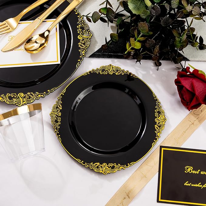 Nervure 600PCS Gold Plastic Dinnerware - Black and Gold Disposable Plates for 100 Guests - 200 Disposable Plates, 300 Plastic Silverware, 100 Cups for Wedding & Party