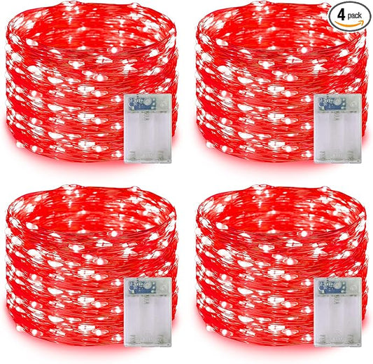 YEGUO Fairy Lights Battery Operated, 4 Packs Each 16ft 50 LED String Lights, Christmas Lights Indoor for Bedroom Wedding Party Holiday Gift(Red)