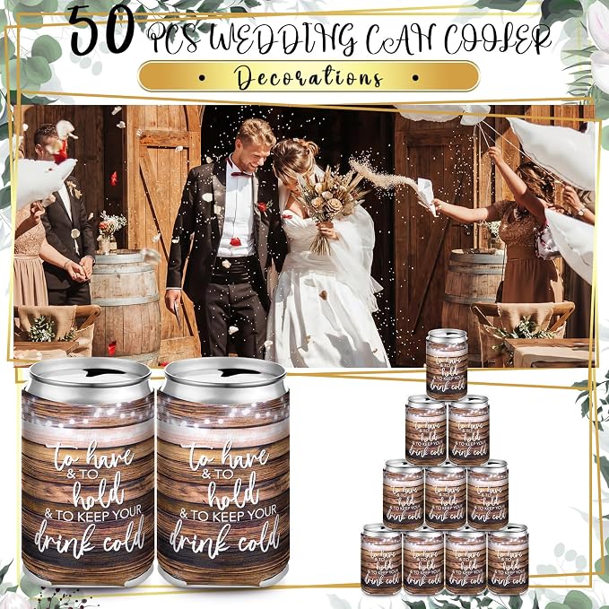 Hoteam 25 Sets Rustic Wedding Favors for Guests Bulk Including Brown Can Cooler and Paper Folding Fans with Wedding Decor Table Sign Cheers to Love for Bridal Shower Party Souvenir